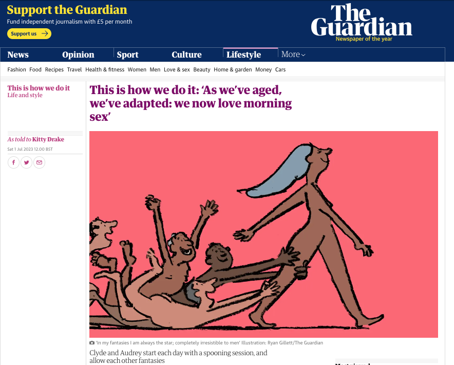 Article in The Independent newspaper: This is how we do it: ‘As we’ve aged, we’ve adapted: we now love morning sex’
